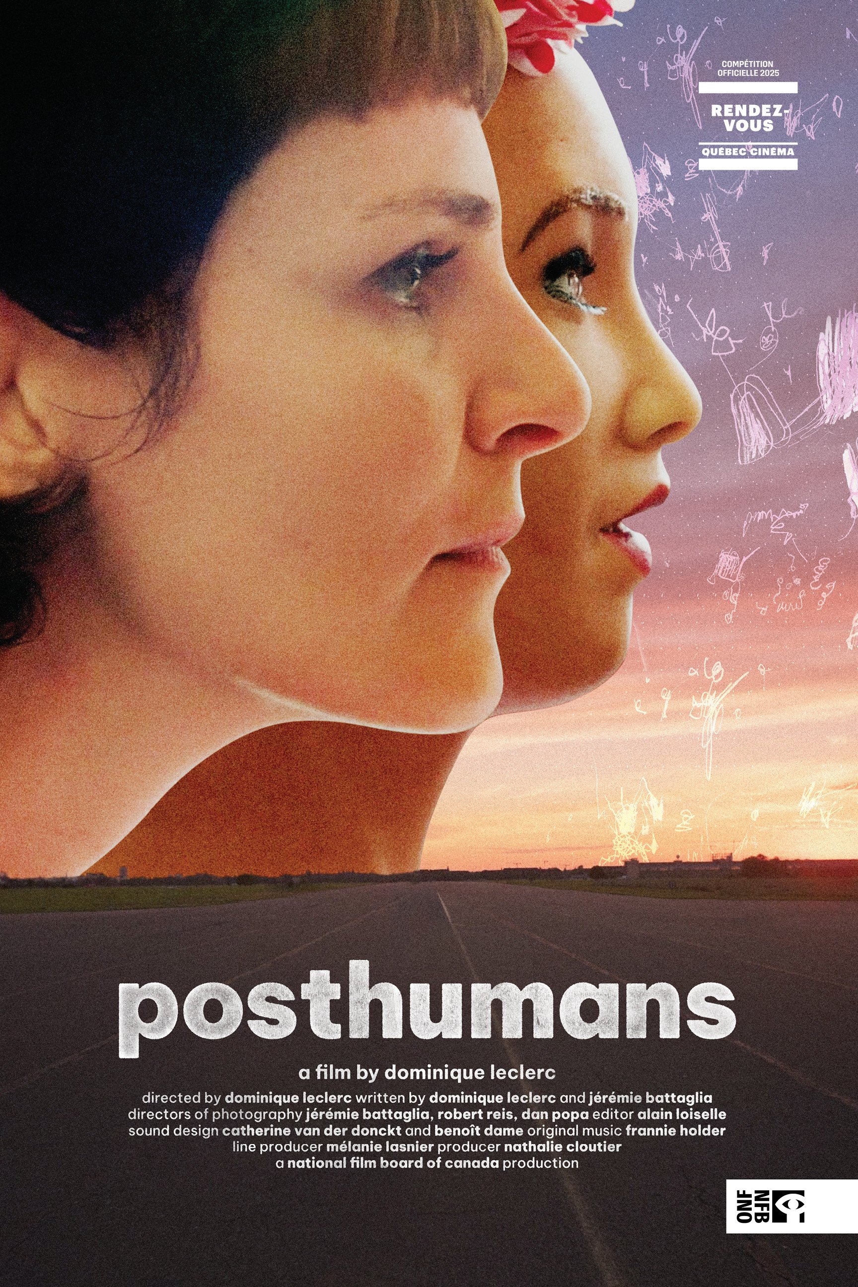 A poster for the film Posthumans shows a close-up side profile of a human face on the right side, looking toward the left. The left side of the poster contains another human face, partially visible, with most of the center area covered by a large blurred rectangle. The background features a gradient sky transitioning from pink to blue with faint, hand-drawn white line illustrations scattered across it, including abstract shapes, outlines of figures, and small symbols. At the bottom of the poster is a straight, empty road extending toward the horizon. Large white text at the bottom reads “posthumans,” with smaller text underneath that reads “a film by Dominique Leclerc.” Additional production credits appear in small print below, along with a logo in the lower-right corner.